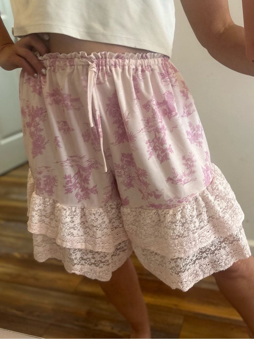 Pink Boho  Floral Bloomers knee length Pantaloons Croqutte layer Ruffle Short